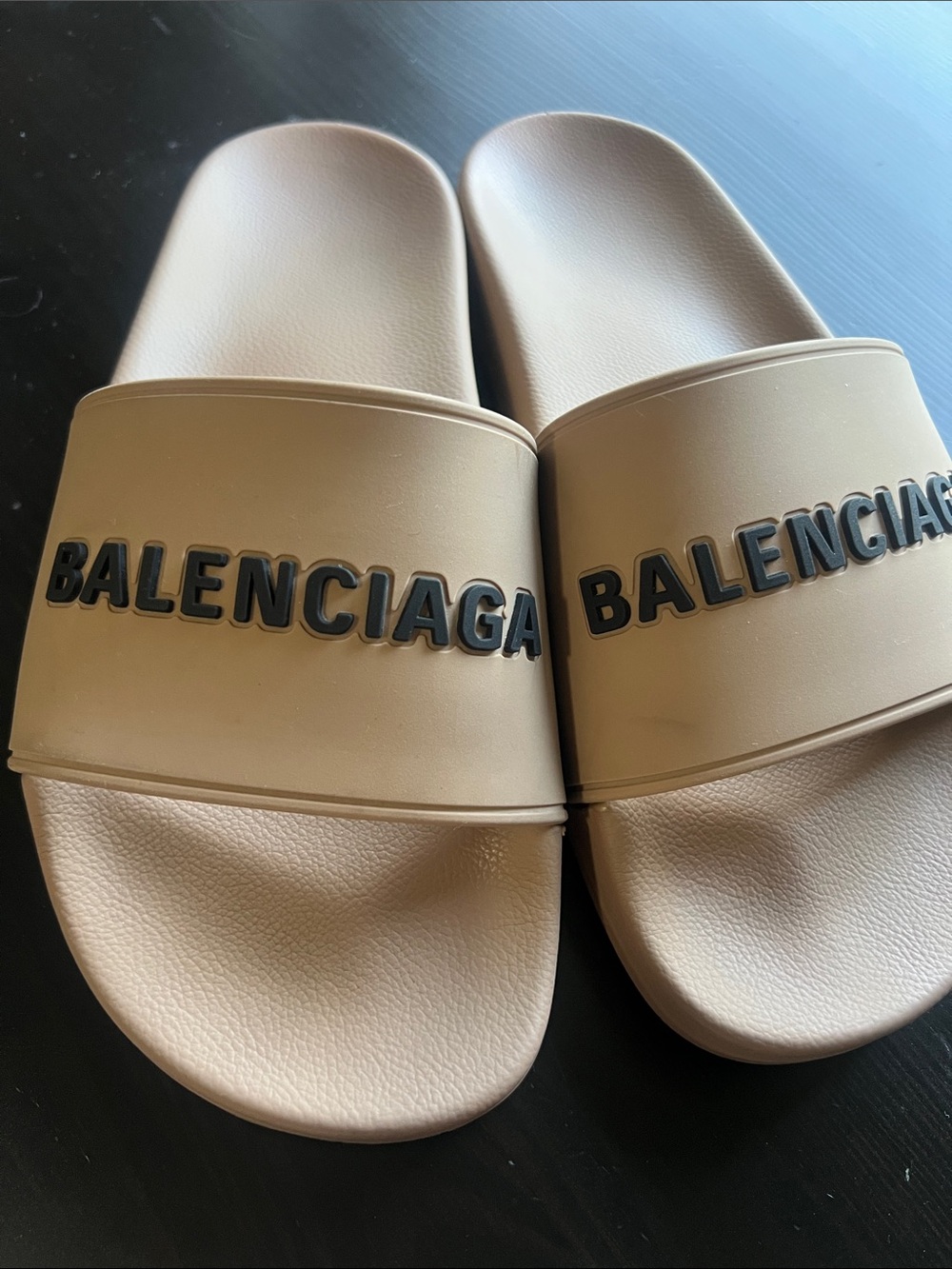 Balenciaga Tan Slide Sandals with Black Logo